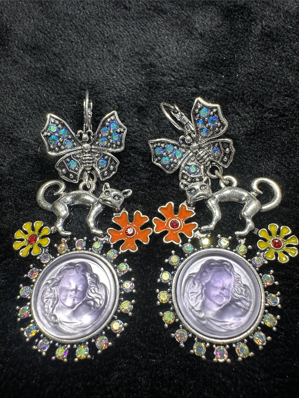 Kirks Folly Silver-tone Multicolor Butterfly Cat Cameo Dangle Earrings